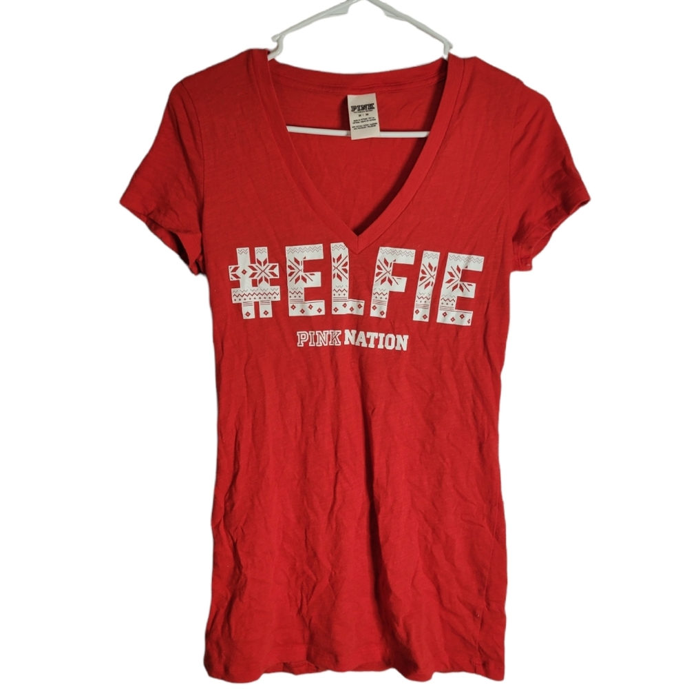 PINK Small #elfie red v neck christmas shirt top